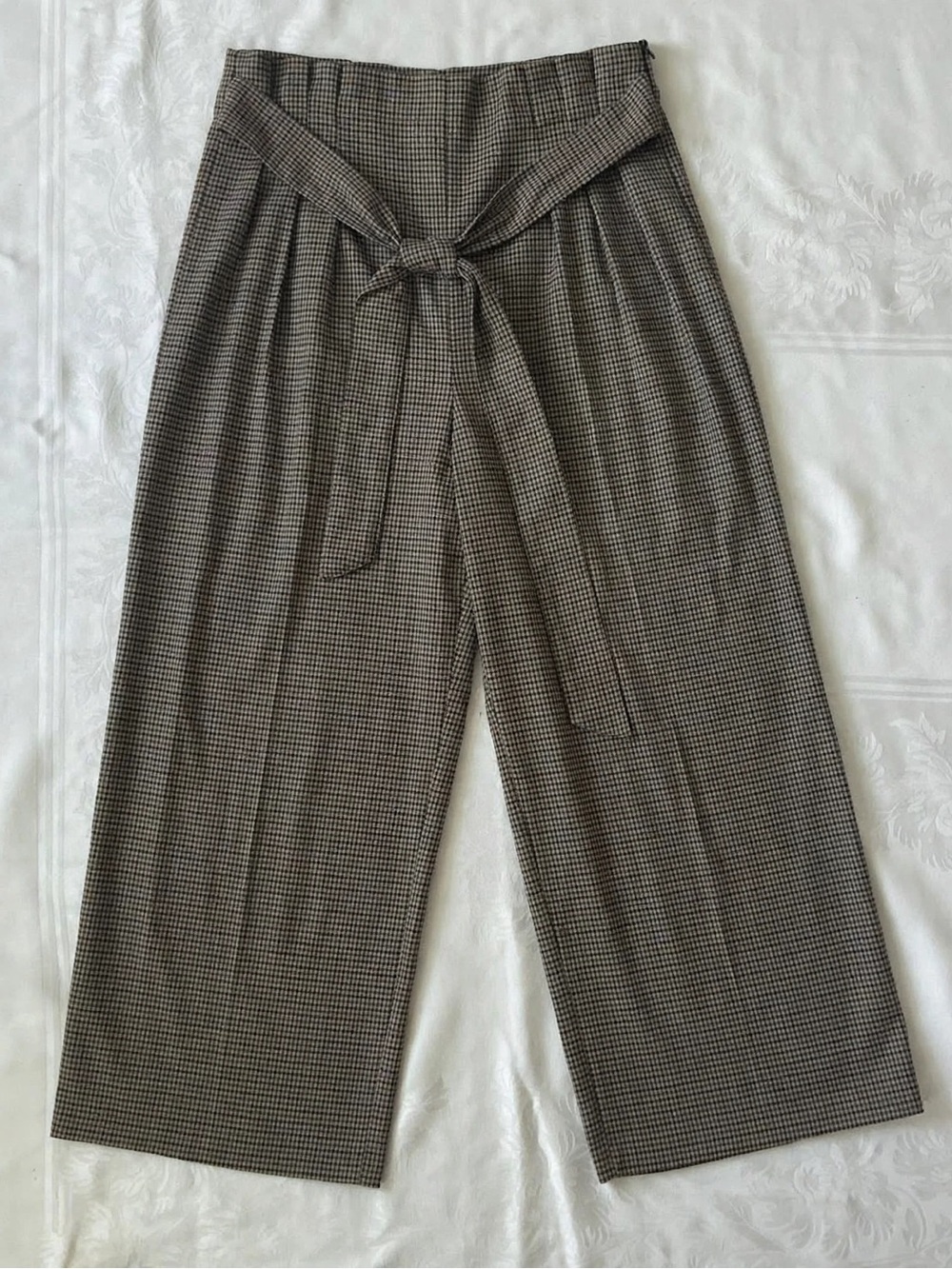 Zara M Houndstooth Tie Waist Wide Leg Pants Brown Check EUR M USA M